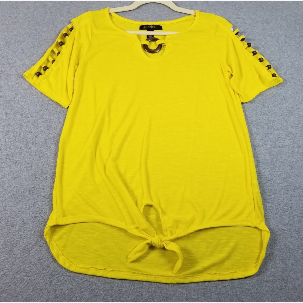 Goddess Top Women's Medium Yellow Beaded Short Sleeve See Through Stretch Blouse